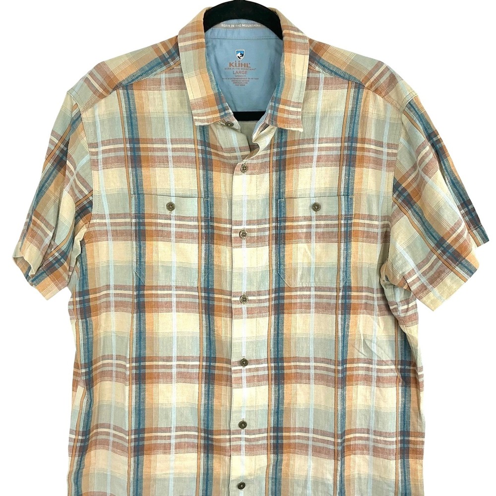 KÜHL Men's Large Linen Cotton Plaid Short Sleeve Button Up Shirt Outdoor Hiking